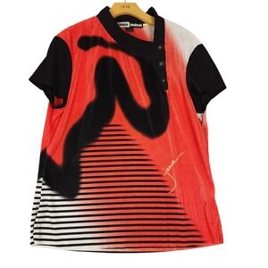 Jamie Sadock Women's Pleated Golf Polo Shirt Red Black White Abstract Print Sz L